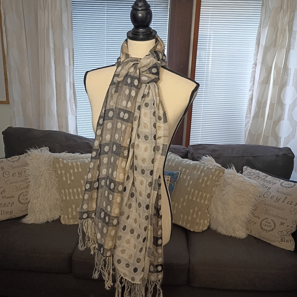 Talbots Wool Black and Tan Stripes And Circles Oblong Scarf